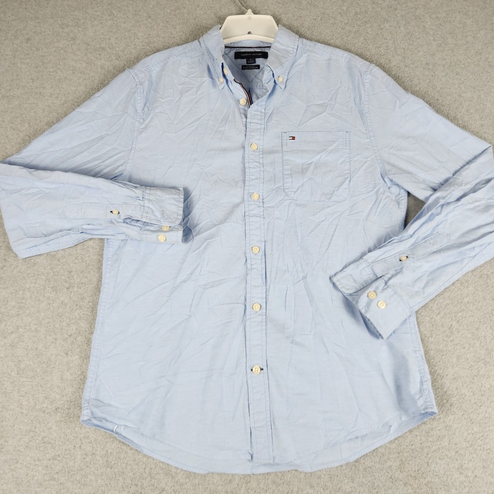 Tommy Hilfiger Shirt Mens Medium Blue Custom Fit Long Sleeve Logo Button Down